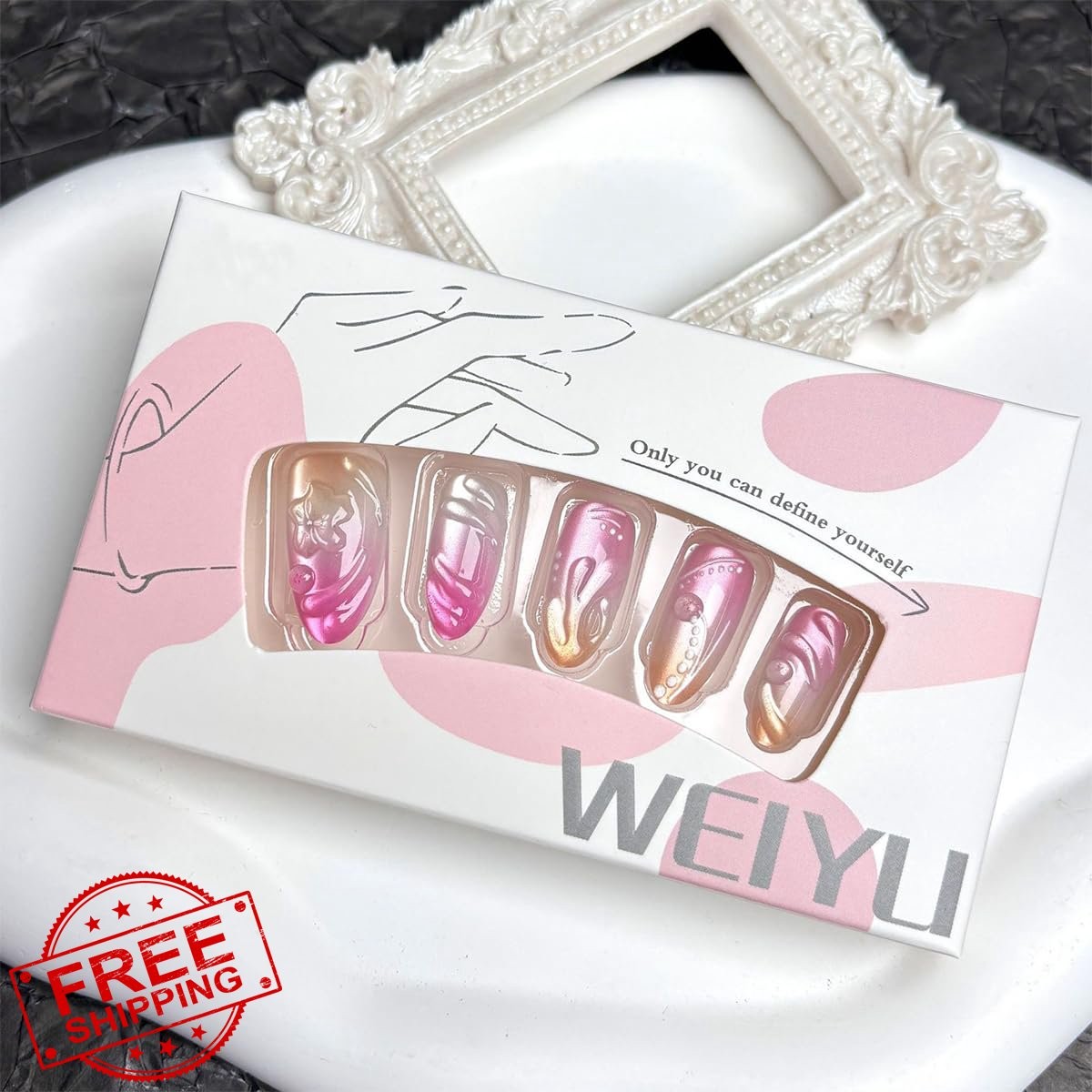 OSTTMA 3D Flower Press On Nails, Pink White Aurora, Almond