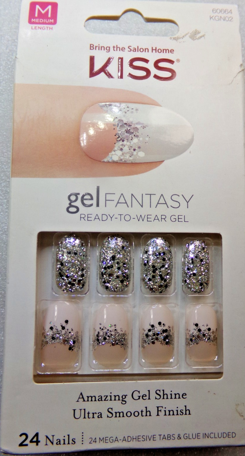 Kiss gel Fantasy Nude and White with Silver Glitter Glue On Nail Medium Oval