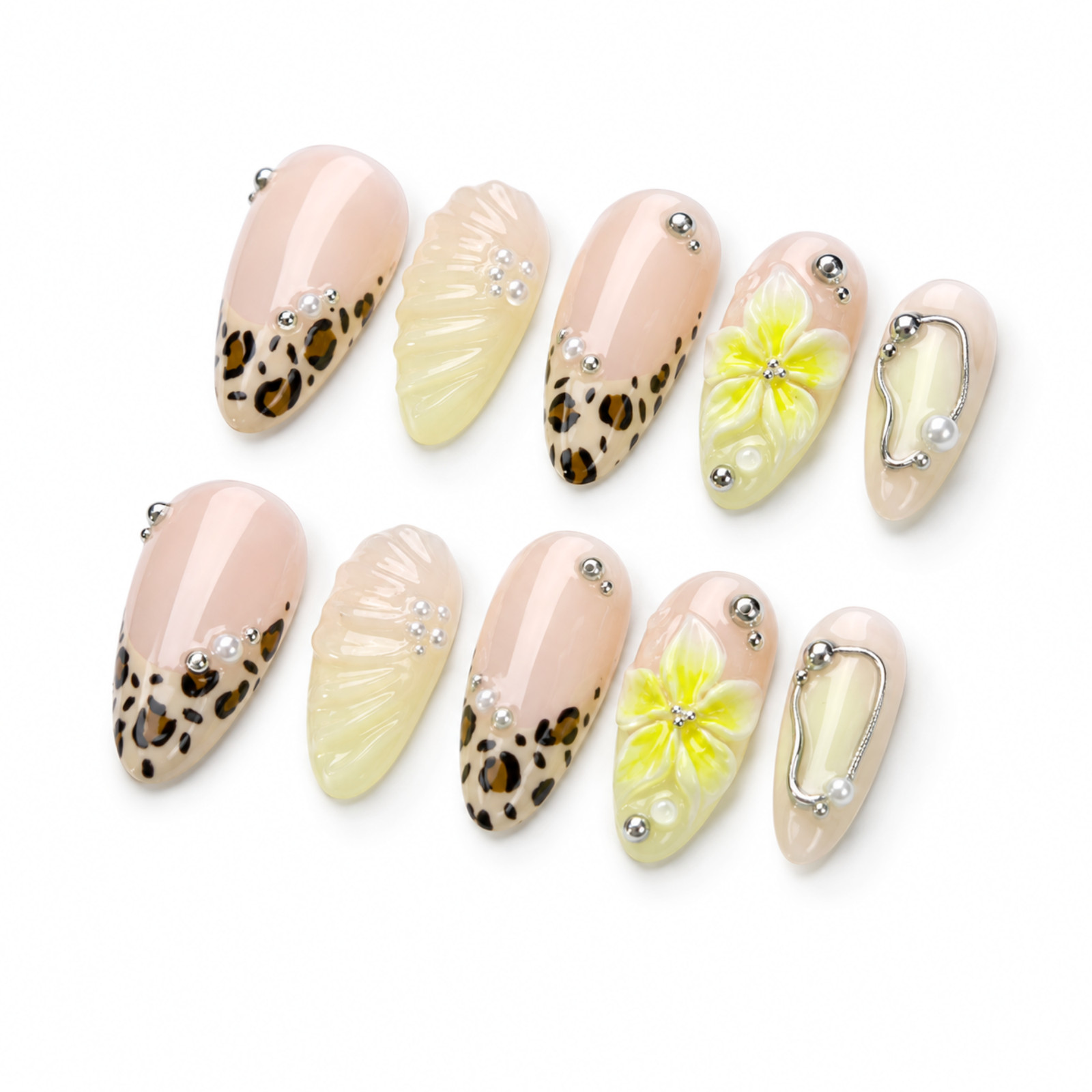 Handmade Leopard Floral Press On Nails 3D Pearl Almond Nail Set