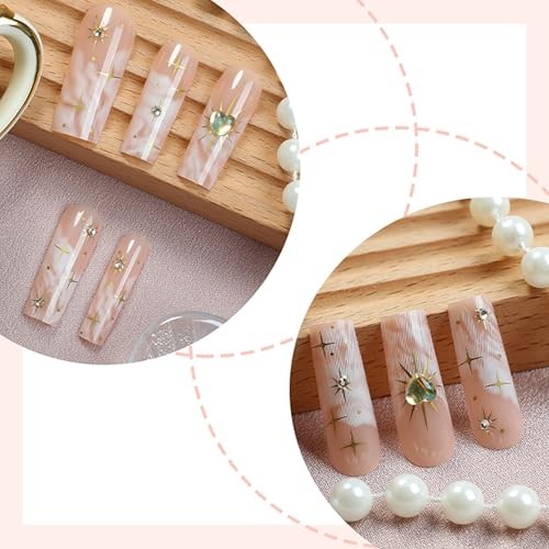 Press on Nails Coffin Long Length Acrylic Glossy Full Cover Star and Heart Gems