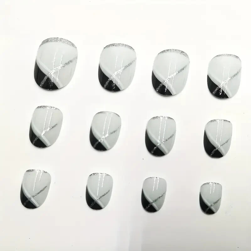 [Silvery Nail Art] 24pcs French Silvery Golden Powder Nail Art + Black and White