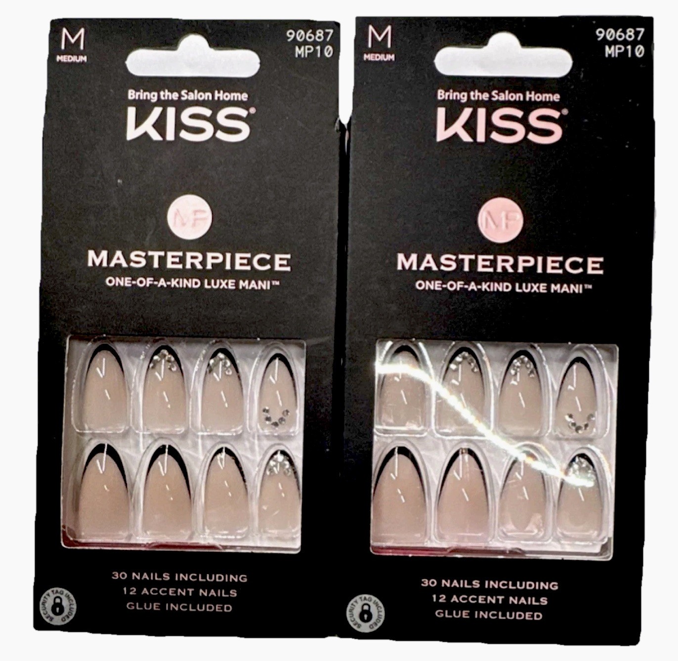 2 Pack Lot of Kiss Press-On Nails Medium Almond French 3D Sparkle Beige Black