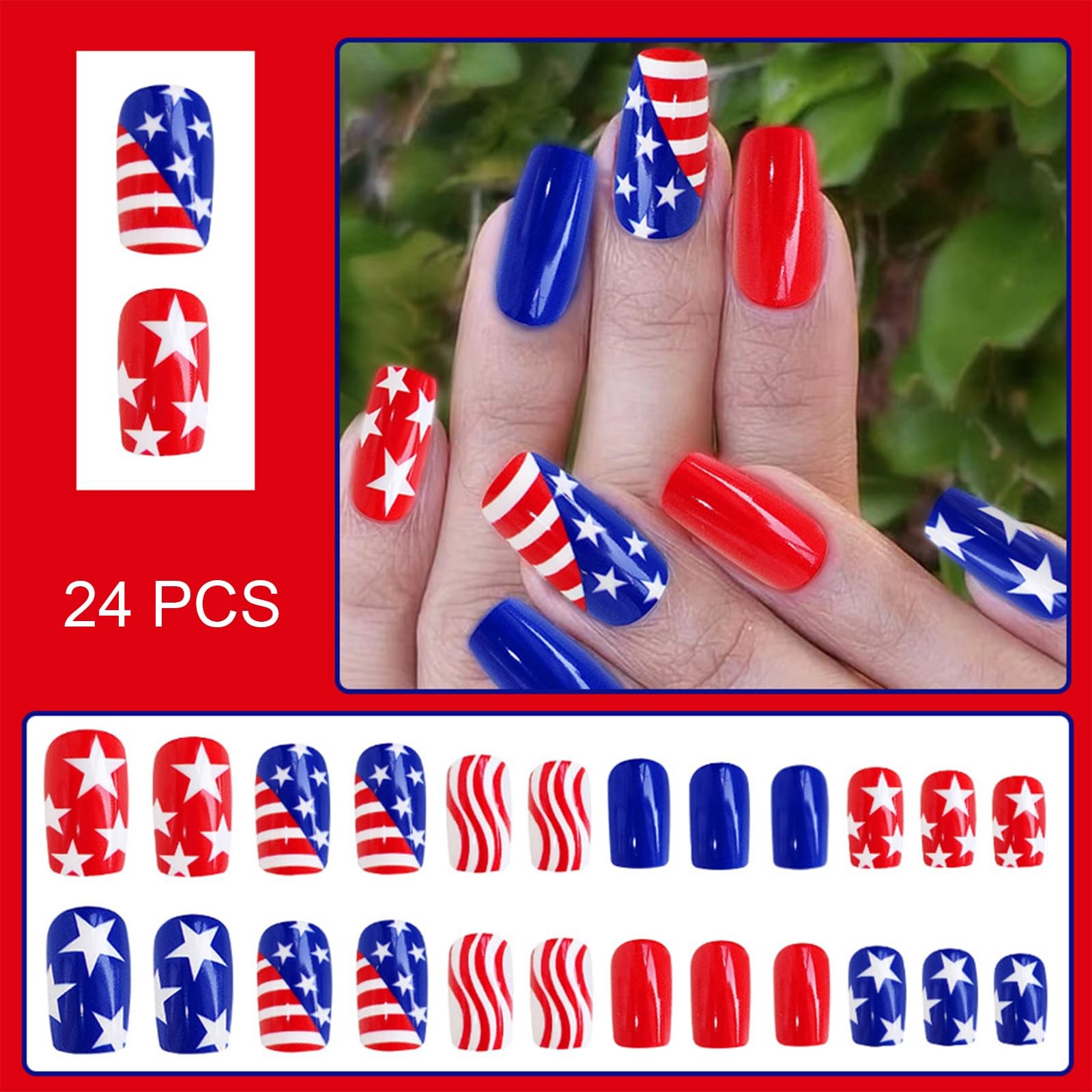 24Pcs 4th of July Press on Nails Medium Square Independence Day Fake Nails Gl…