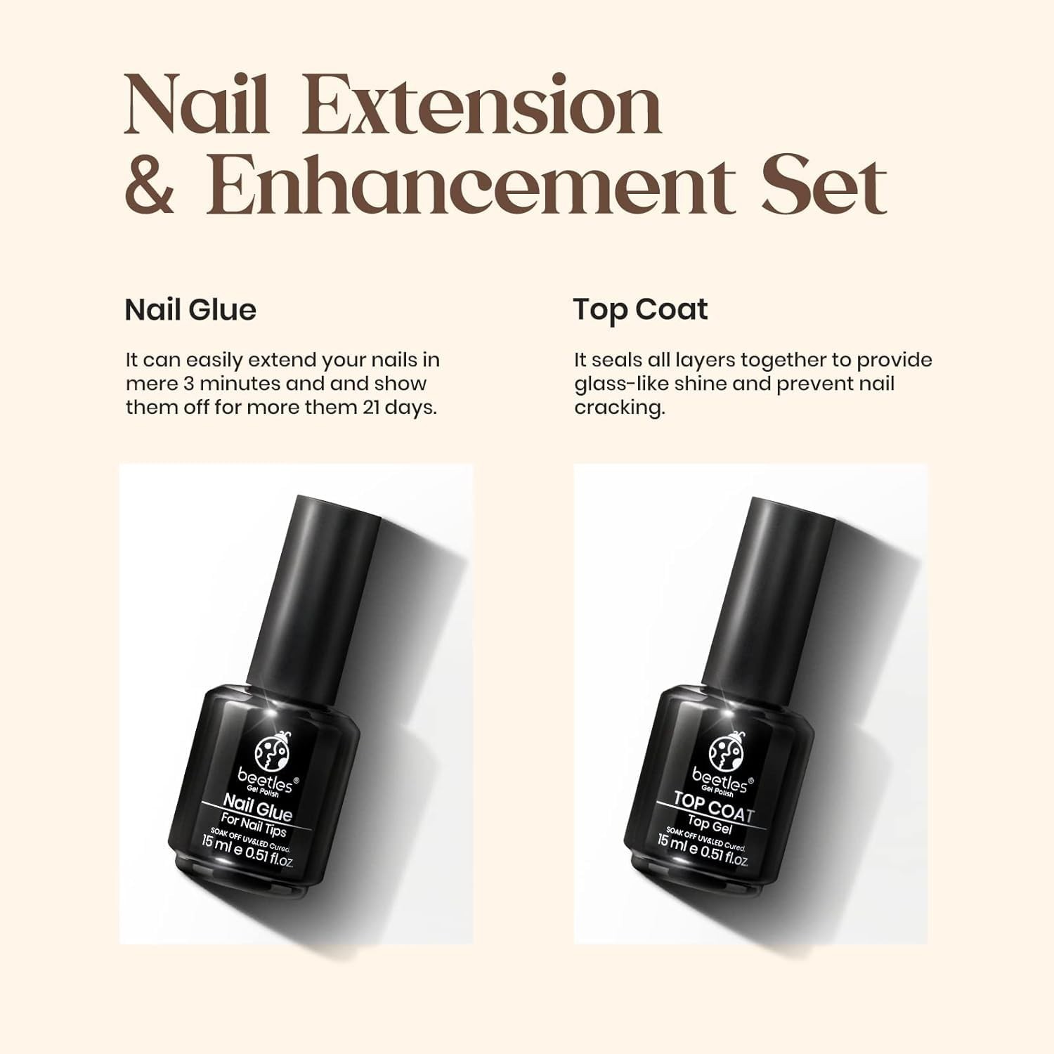Beetles 2 Pcs 15ml Gel Nail Glue for Clear Acrylic Nail Tips, 9 in 1 Super Stron