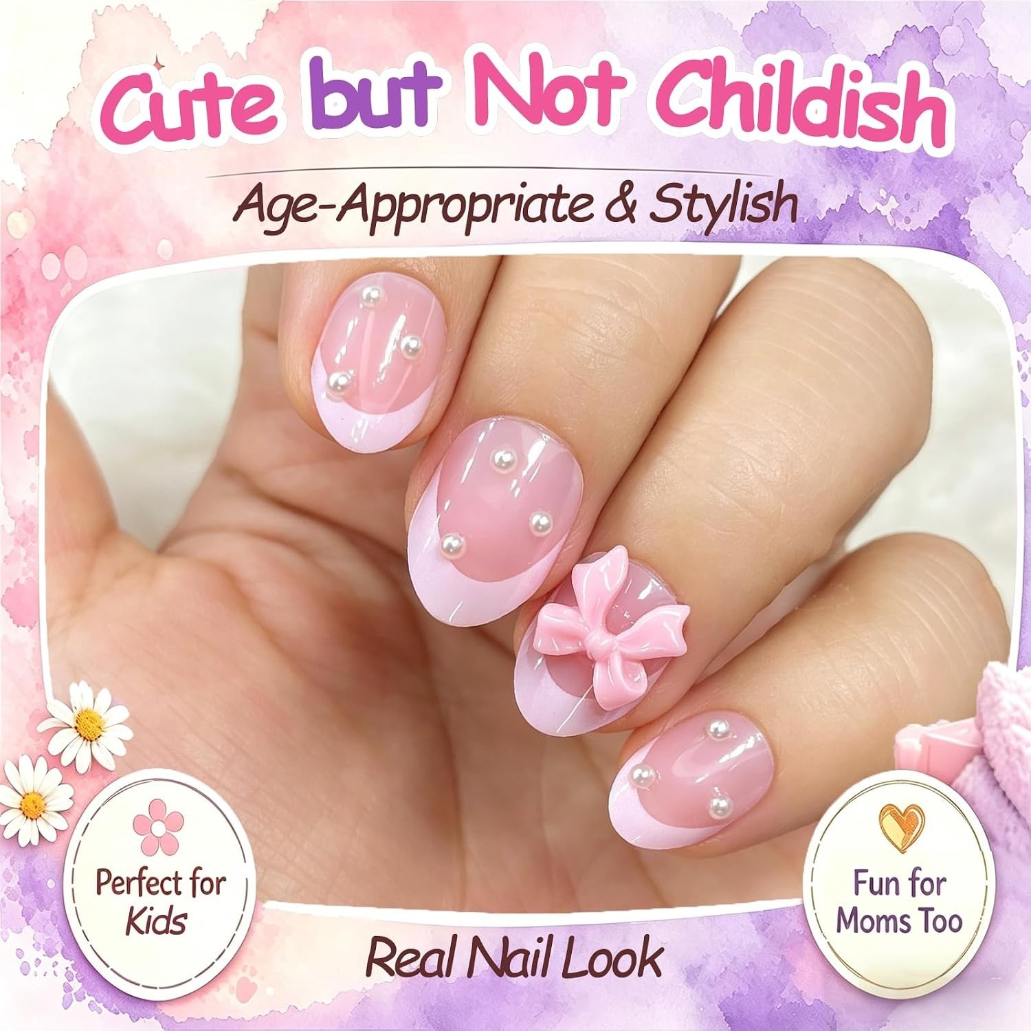24 Pieces Press on Nails for Kids, Trendy Pearl Bow Kids Press on Nails for 6…