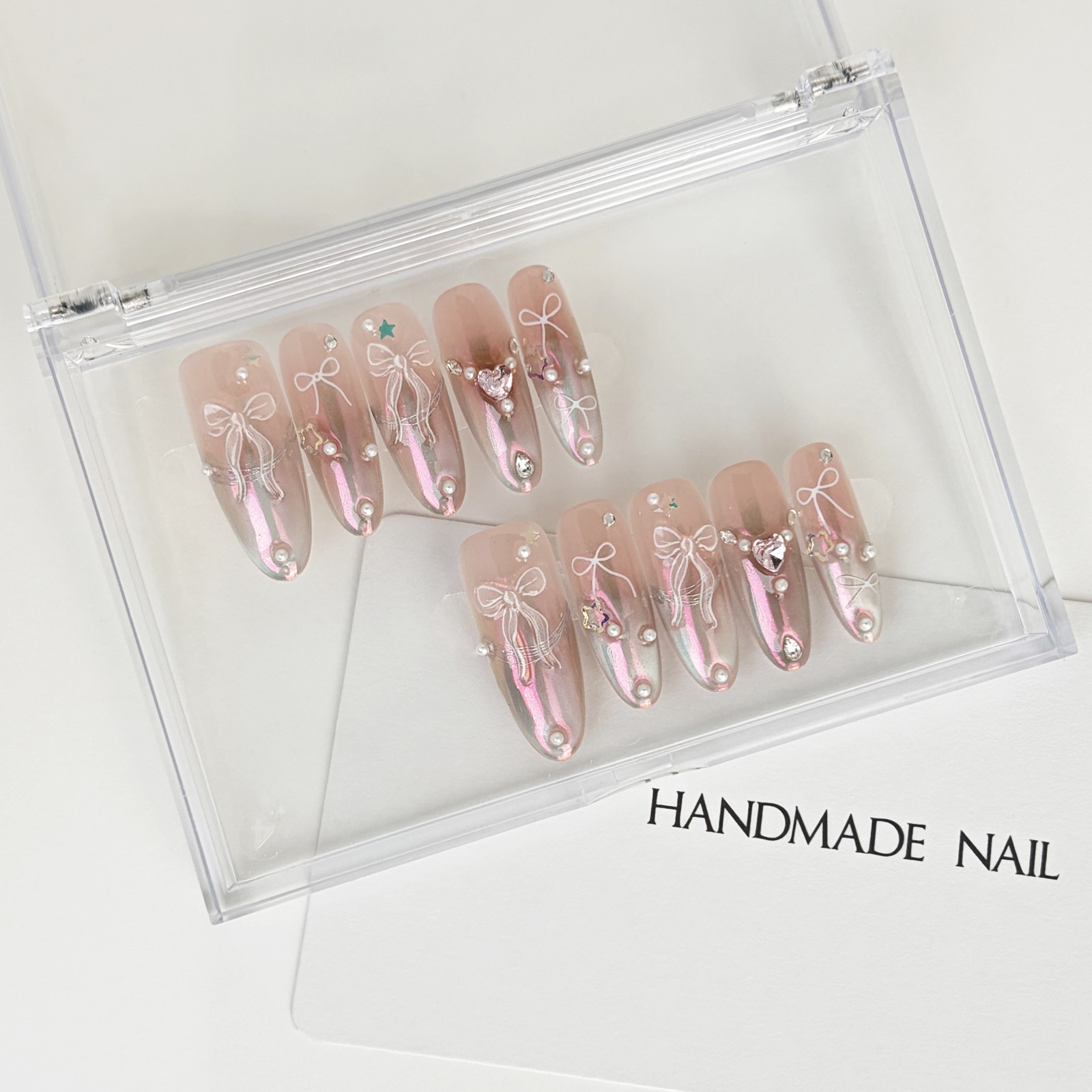 Pink Aurora Bow Press On Nails Almond Pearl Rhinestone Reusable Glue On Set