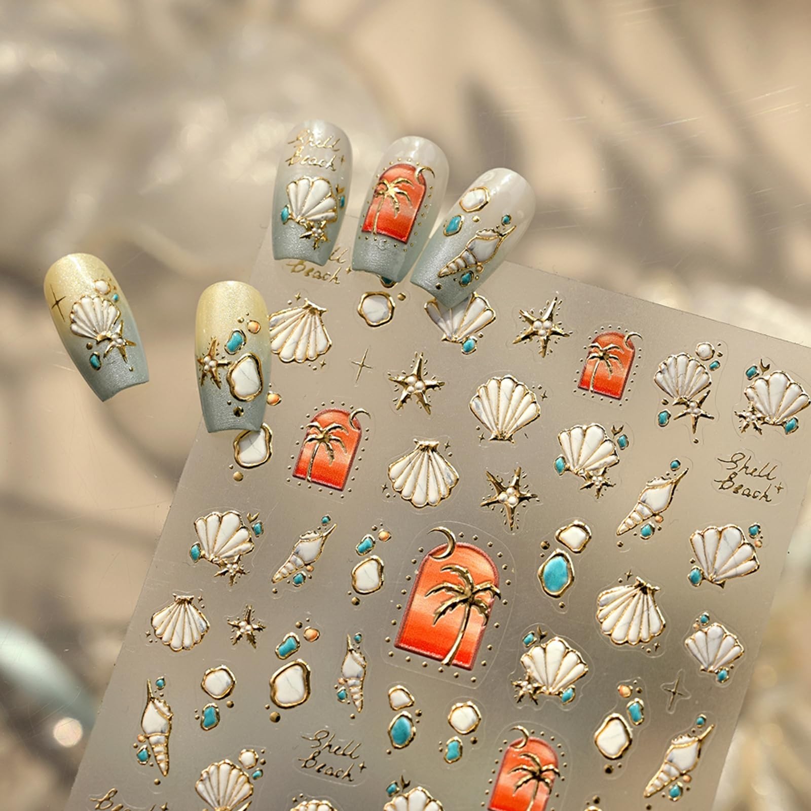5D Embossed Beach Nail Stickers with Metallic Gold Shell Coconut Tree Nail De…