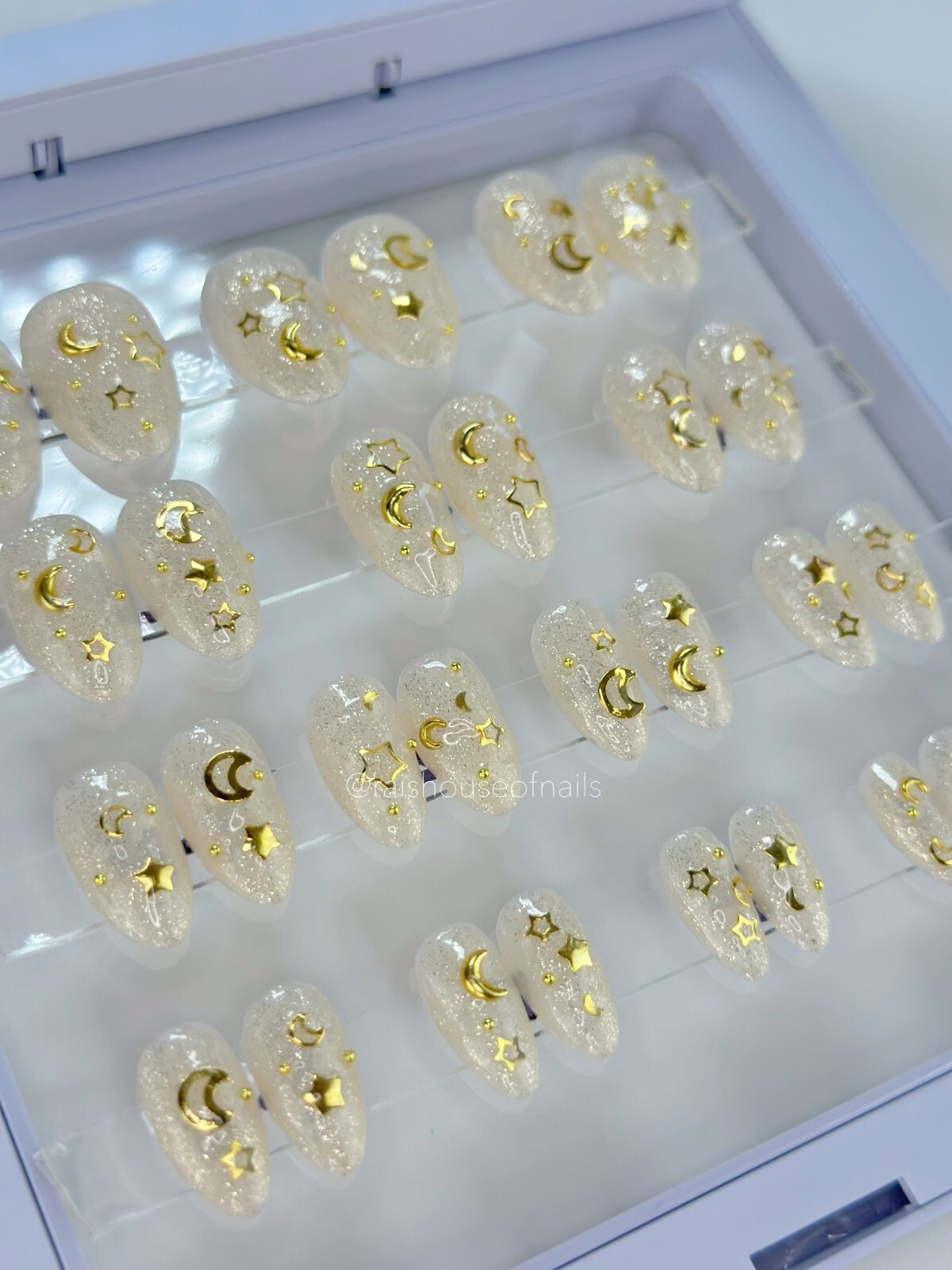 Handmade Press on Nails “Gold Galaxy” Almond Short 28 Nails All Sizes w Glue