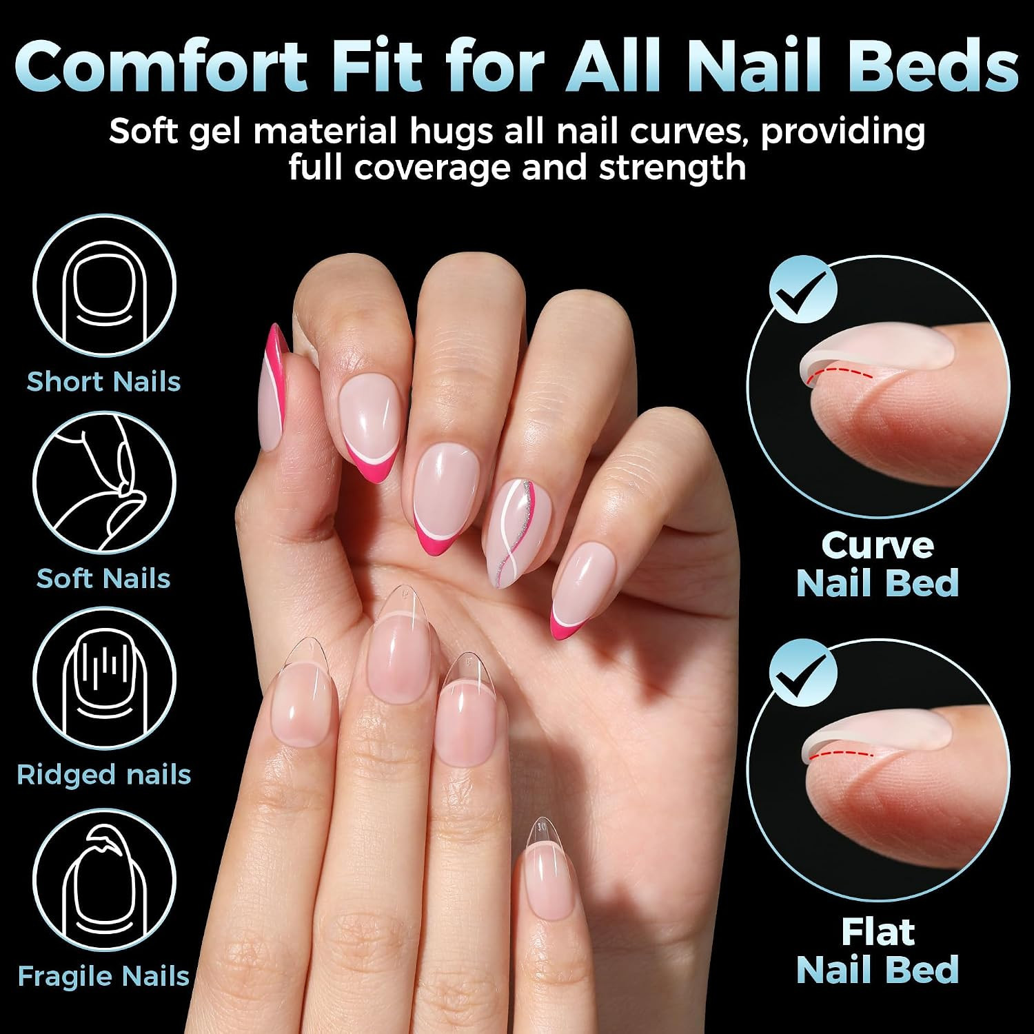 Short Almond Gel Nail Tips 360Pcs, Pre Etched Nail Tips Almond Shape Full Cover