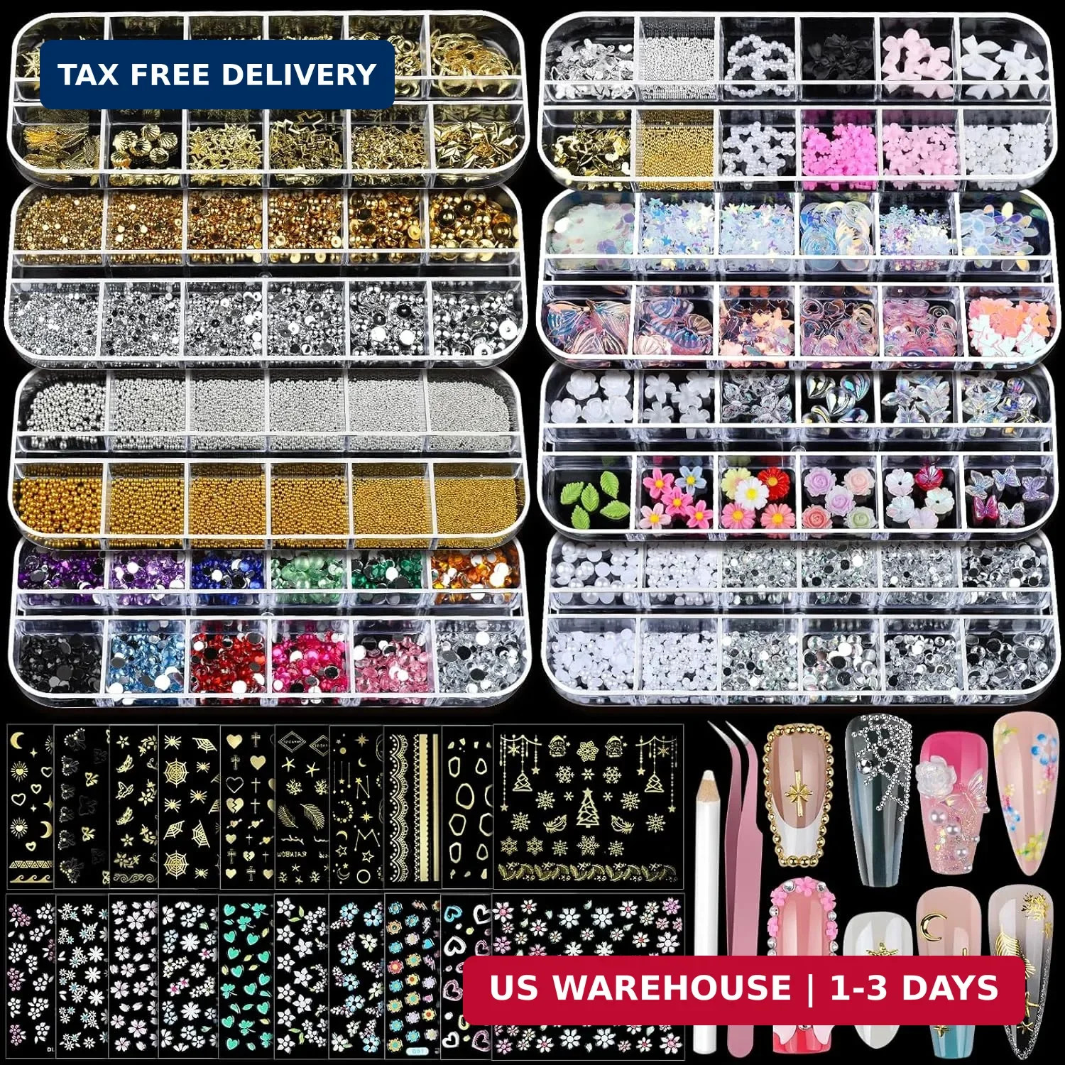 Nail Charms Nail Stickers for Nail Art Kit, 8 Boxes Nail Rhinestones Na