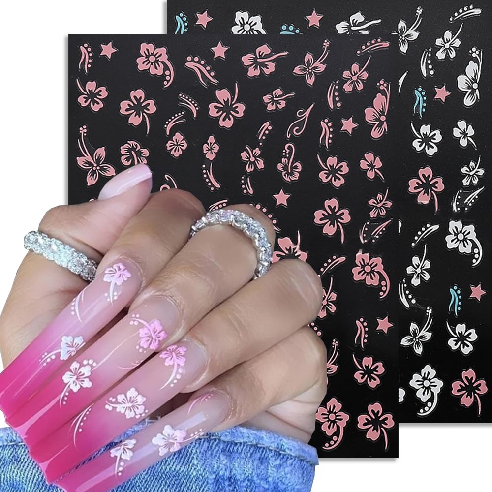 Flower Nail Stickers, Hibiscus Decals 3D Self-Adhesive