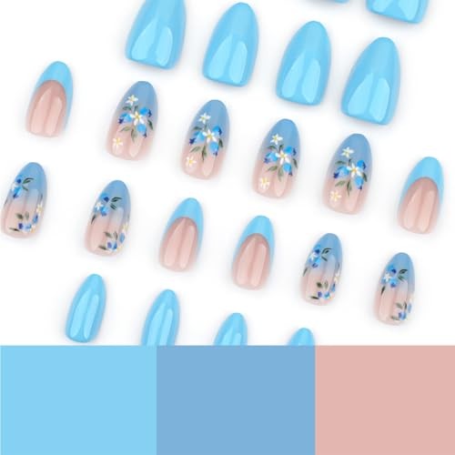 24Pcs Blue French Tip Press on Nails Short Almond – Blue Flowers Design Nails-6