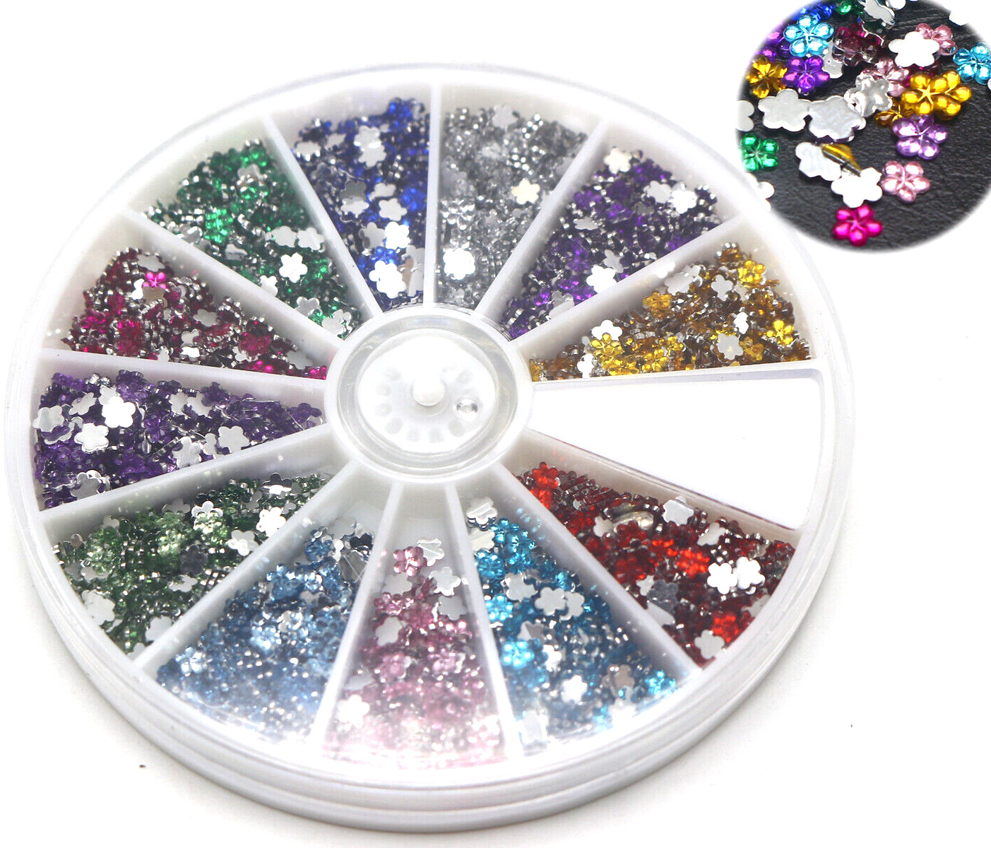 2400 Flower 3mm Flatback Acrylic Rhinestone Gems with Wheel 12 Colour Nail Art
