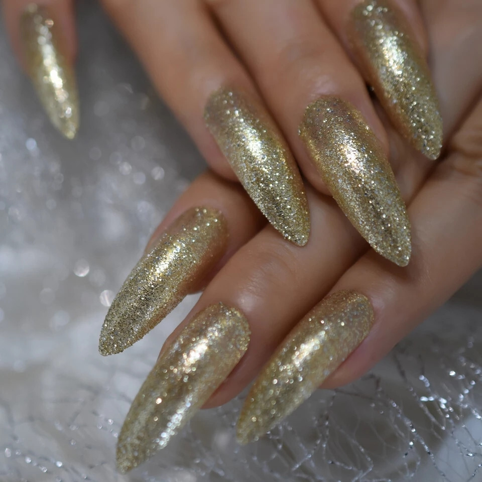 24 Press on Nails kit w Glue extra long stiletto Gold Glitter pointed catty