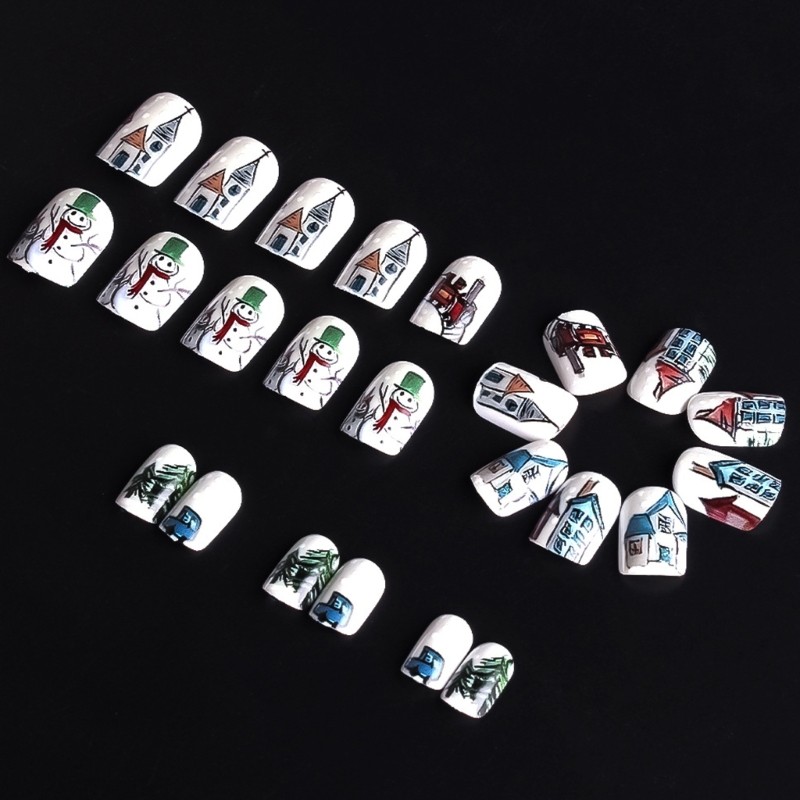 24Pieces Holiday False Nail ABS Plastic Snowman Snowflake Design Glitterings Red