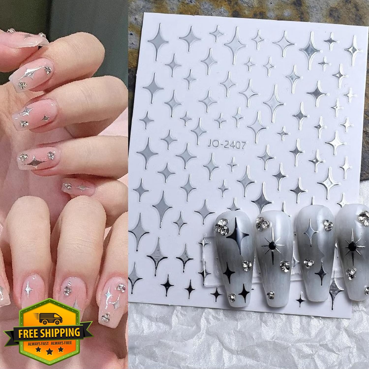 BSBTBZ Heart Star Nail Art Stickers 3D Silver Glitter Design 26