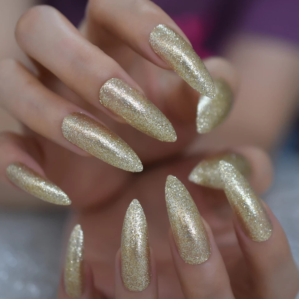 24 Press on Nails kit w Glue extra long stiletto Gold Glitter pointed catty