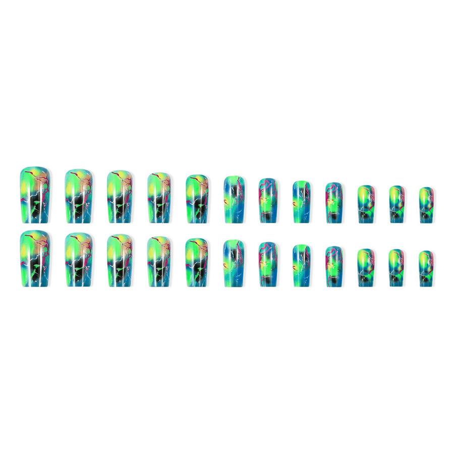 48P Long Coffin Press on Nails Neon Colorful Lightning Trendy Fake Nails