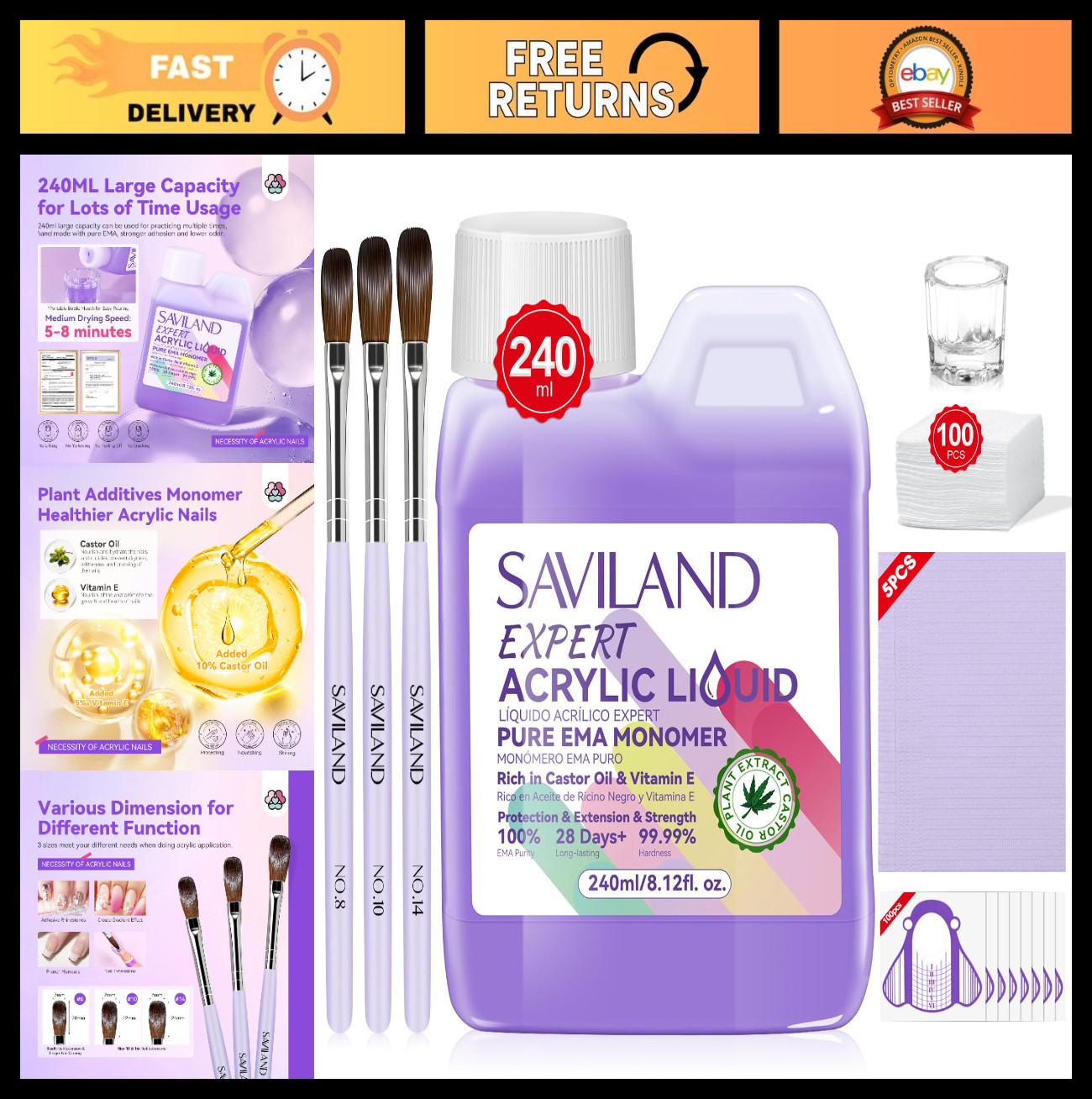 Low Odor EMA Acrylic Liquid Monomer 8 OZ for Nail Art + 3 Brushes & Dappen Dish