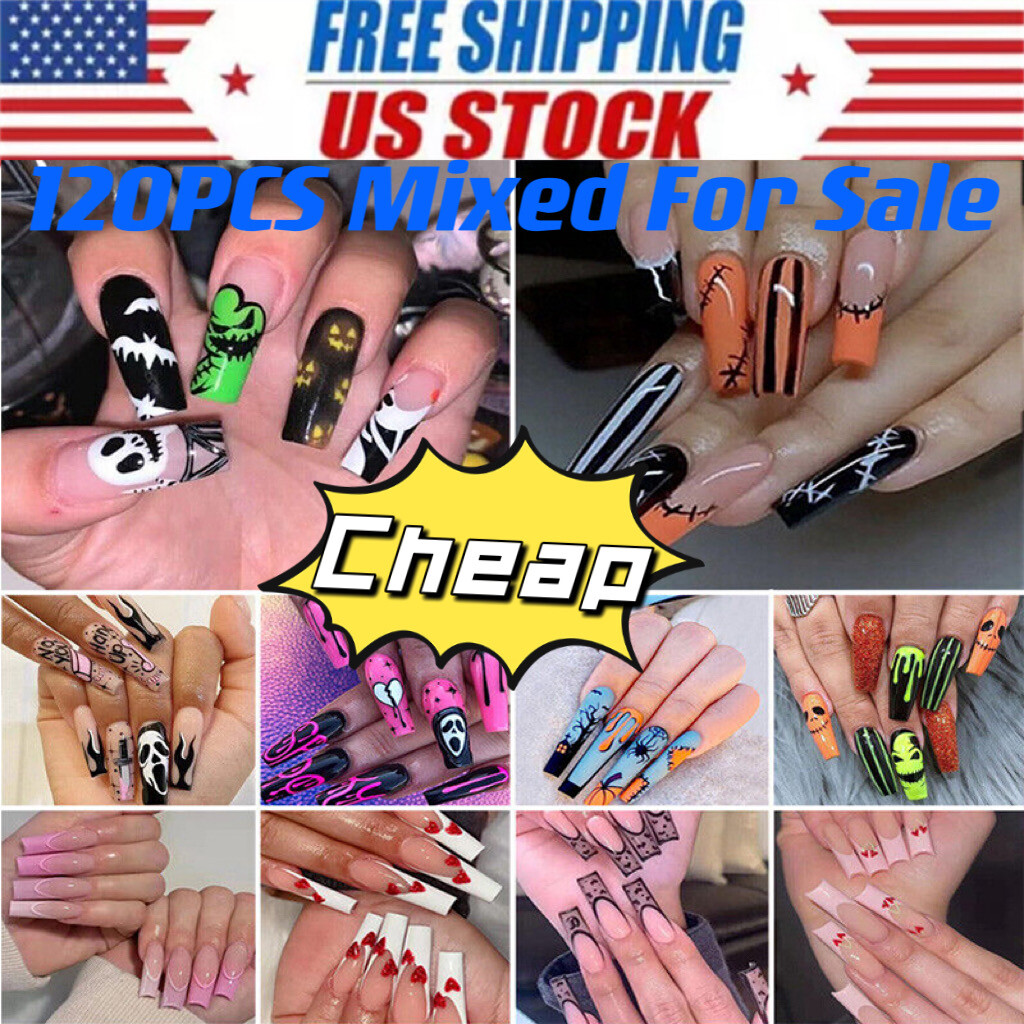 120Pcs Halloween Mix Fake Nails Long Coffin Press On Nails Fake False Nail Set