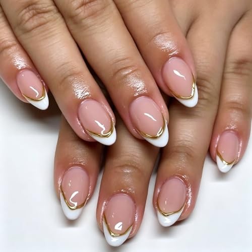 24Pcs Medium Almond White French Tip Double Gold Line Nude Short Style-30