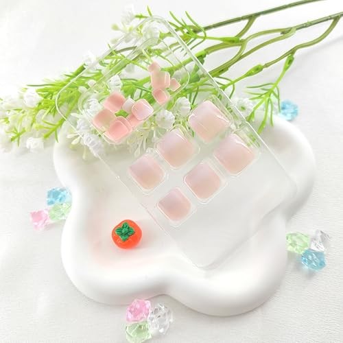 Square Press on Toenails Short White Gradient False Toe Nails Glossy Toenail