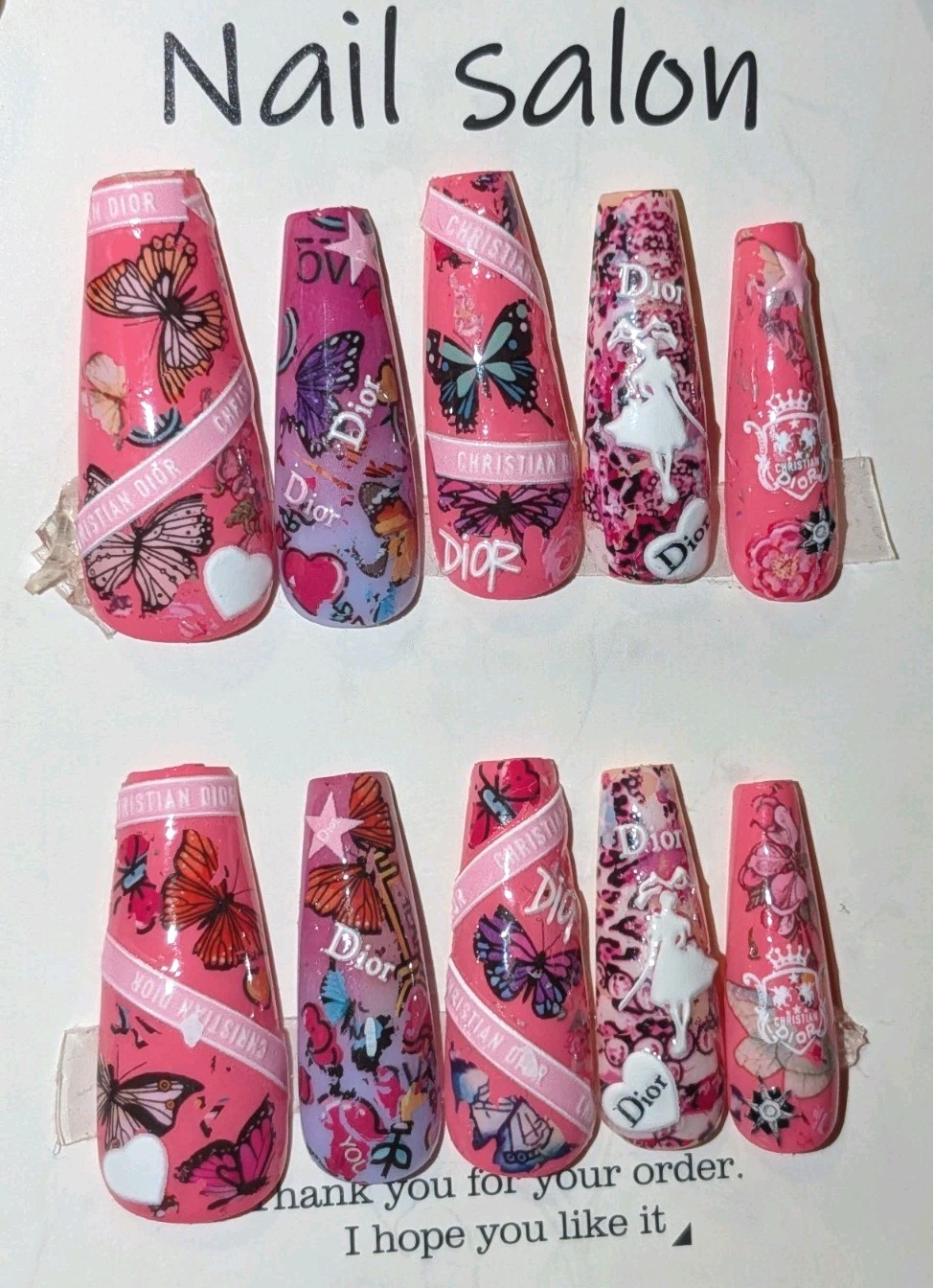 Printed custom decorative 10pc short acrylic press on nails sz large Glue…