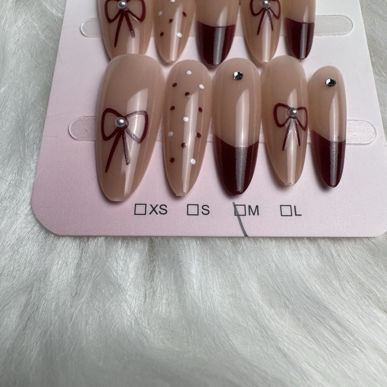 Press-On Nails Burgundy Bow & Polka Dot Coquette Medium Almond Shape Handmade