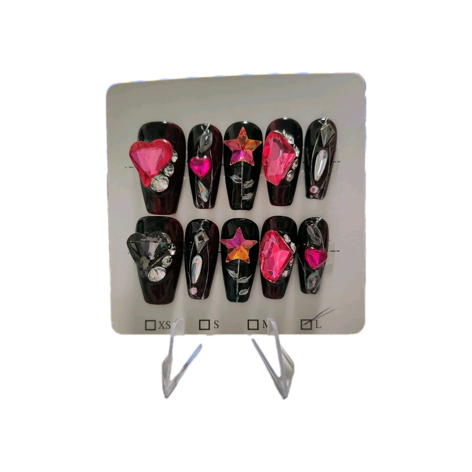 Black Pink Red Silver 3D Heart Star Gem Long Square Press-On Nails Full Cover