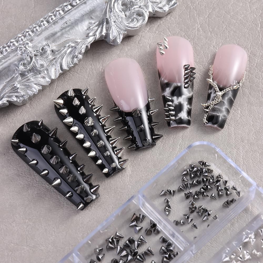 3D Mini Metal Punk Nail Art Studs Mixed Sizes Silver Black Cone Spike Metalli…