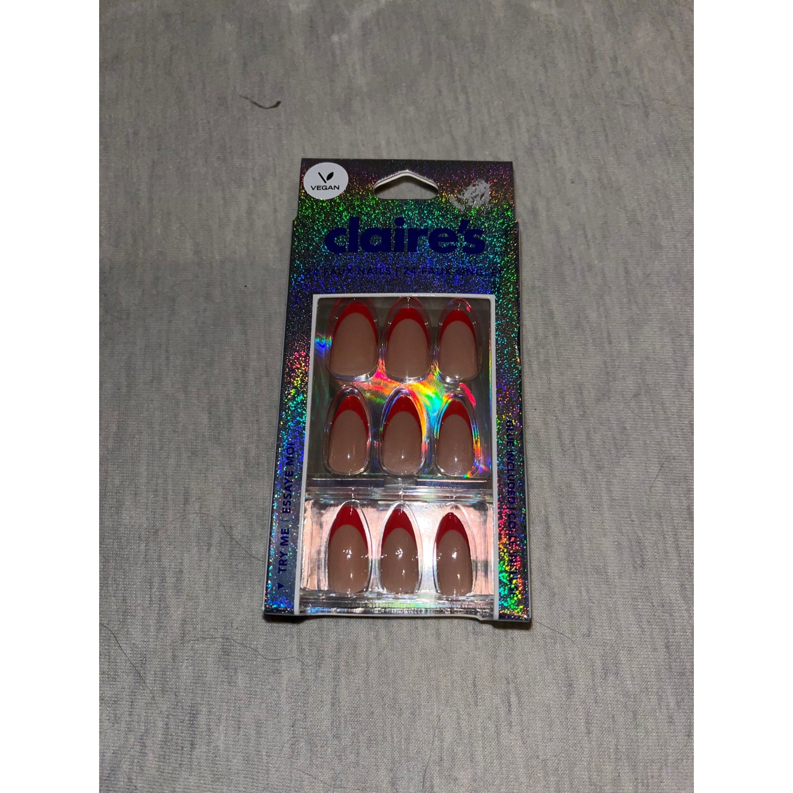 Claires Vegan Press On Almond Nails Red French Manicure Set