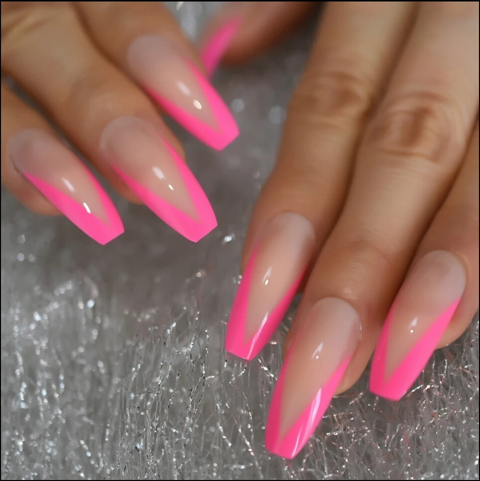 24 Press on Nails kit w Glue extra long Coffin nude hot pink neon