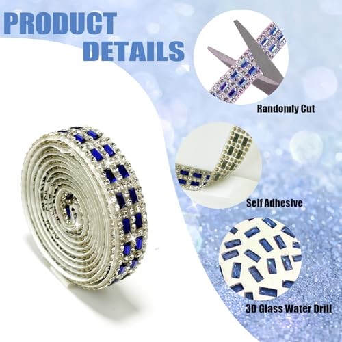 4Rolls Self Adhesive Crystal Rhinestone Strips, Rhinestone Ribbon Dark Blue