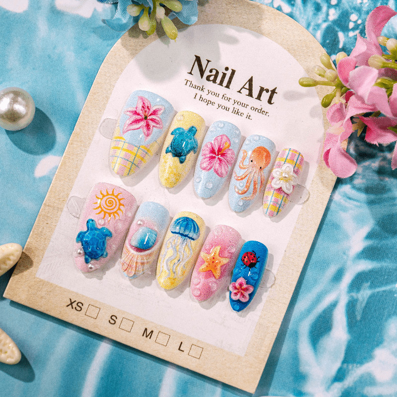 60Pcs Ocean Animal Press on Nails, Medium Almond 3D Turtle Jellyfish Fake Nails