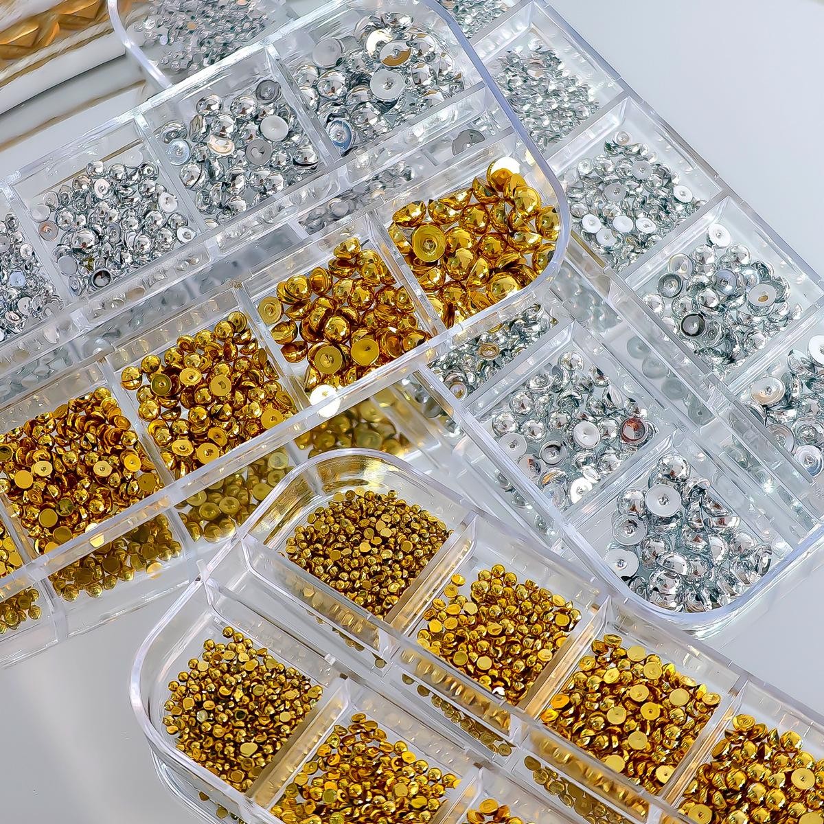 Mixed Half Pearls & Dollar Charms Set, Gold Silver Alloy Nail Decor in 12 Grid