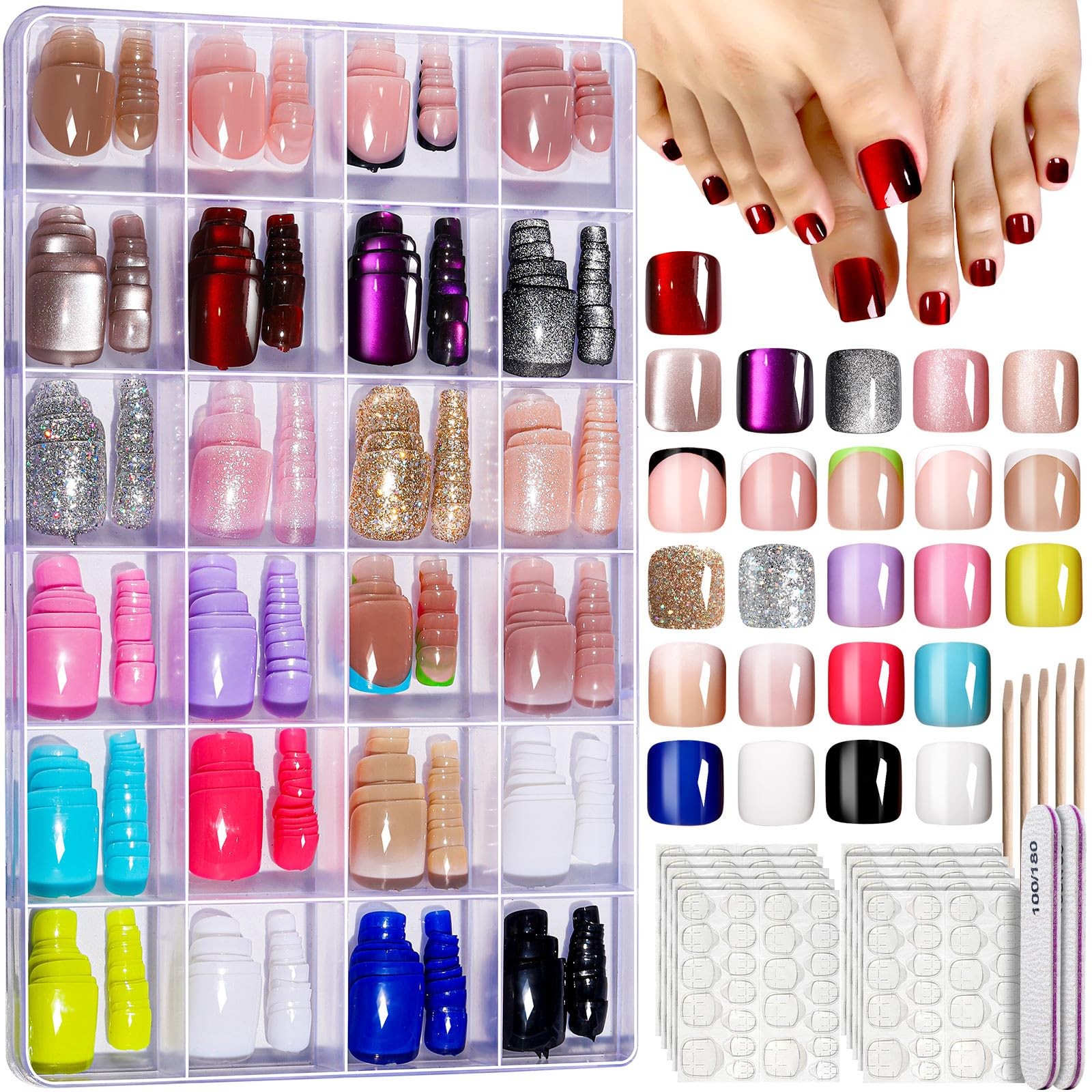 FANDAMEI Press On Toenails – 24 Colors Short Square, French Tips Cat Eye Toe …
