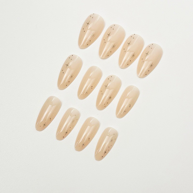 48PCS Long Almond Nail Press, Reusable Bare Pink, Sparkling Fake Nails