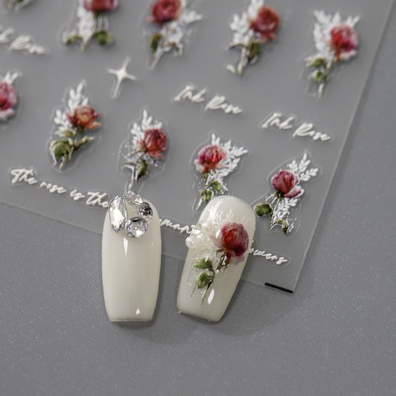 5D Embossed Nails Art Stickers Nail Decals for DIY Nail Art Self 1 Red Rose