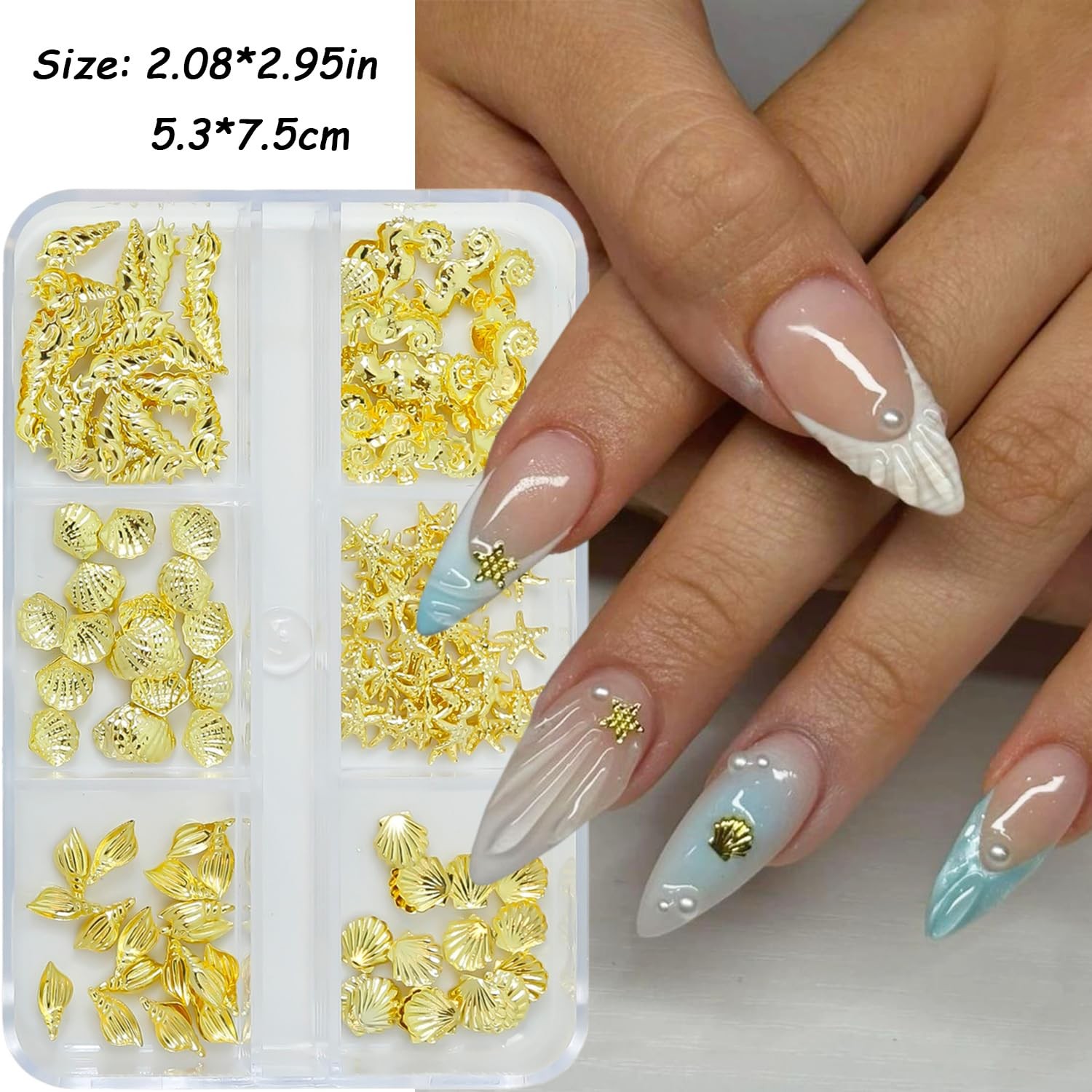 6 Grids Beach Nail Charms Gold Conch Shell Nail Rhinestones 3D Conch Seahorse…