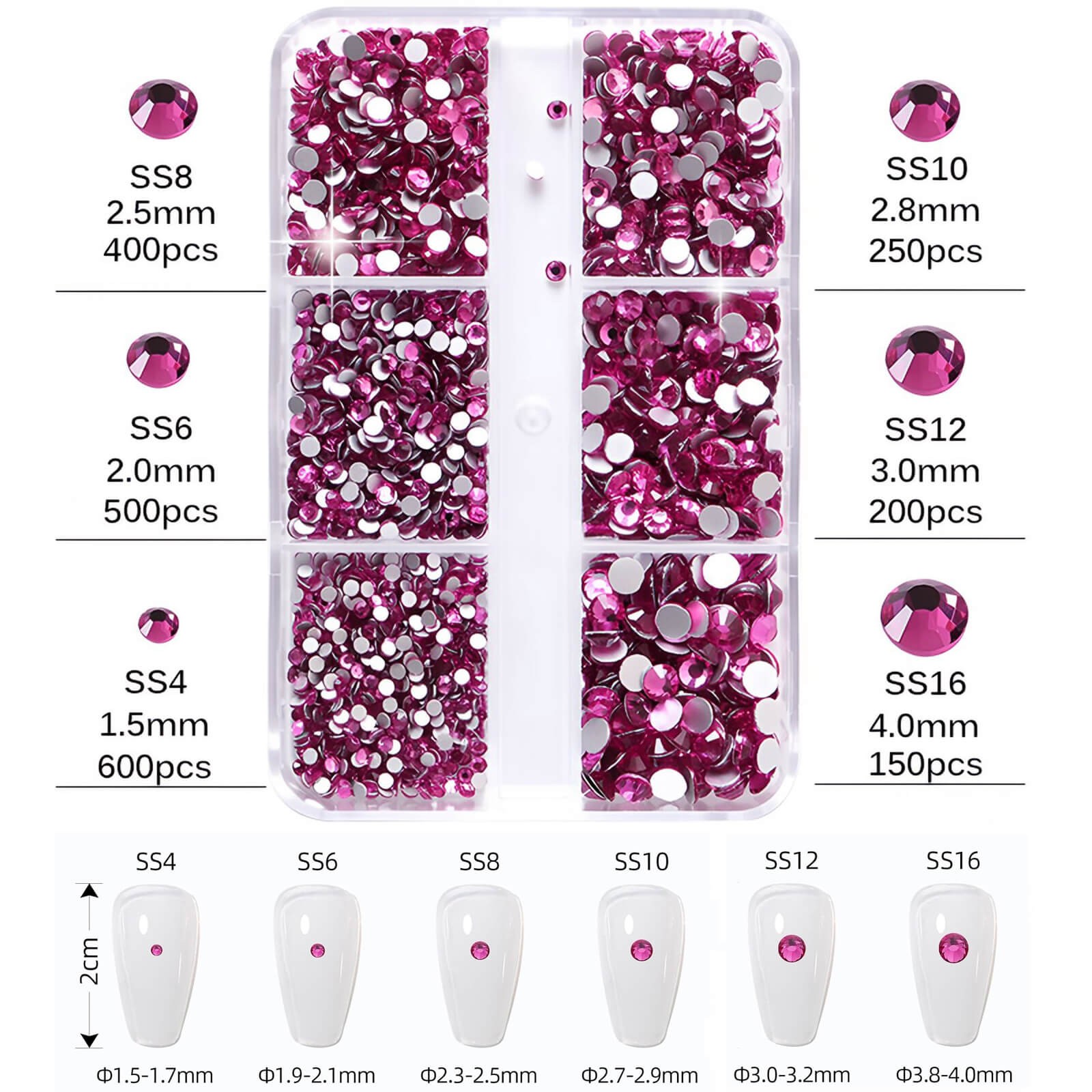 Box of 2100 Flatback Glass Rhinestones in 6 Assorted Sizes for Nails & Crafting