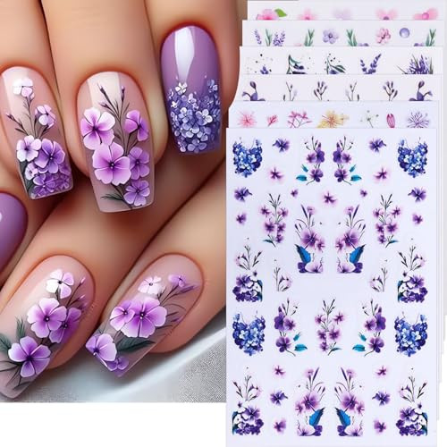 Flower Nail Stickers for Nail Art Spring Nail Decals 6PCS 3D Blue Purple Pink