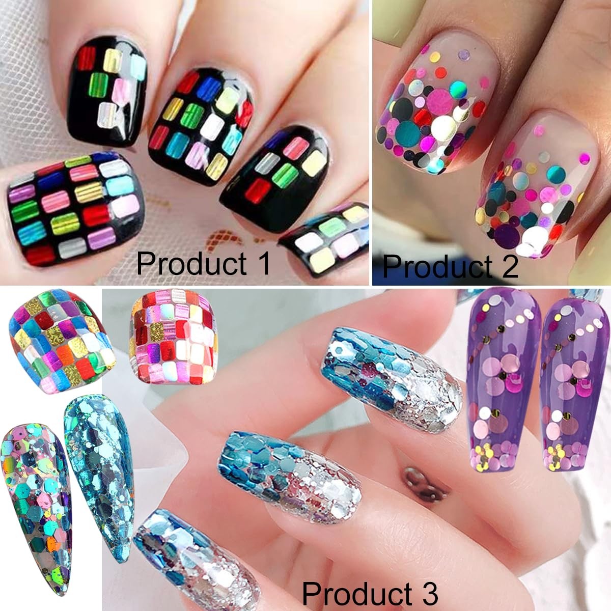 Holographic Nail Art Sequins, 3 Boxes 36 Grids