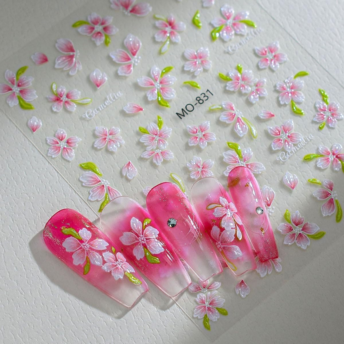 3 Sheets Flower Nail Stickers for Nail Art 3D Self-Adhesive Pink Yellow Flower N
