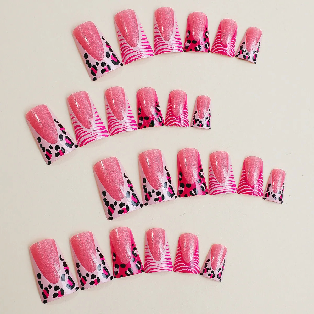 Pink Leopard Duckbill Press On Nails Sweet French Full Cover False Nails