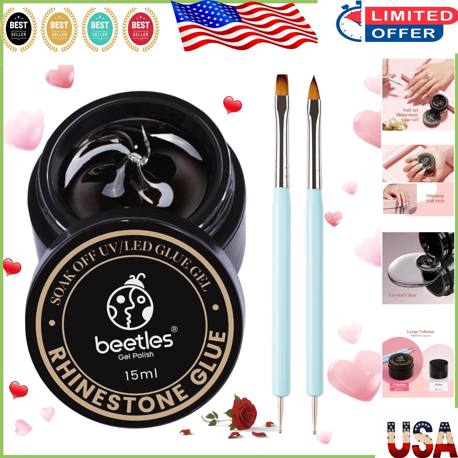 Beetles Rhinestone Nail Art Glue with Dual Brush Set – Perfect Gift for Girls