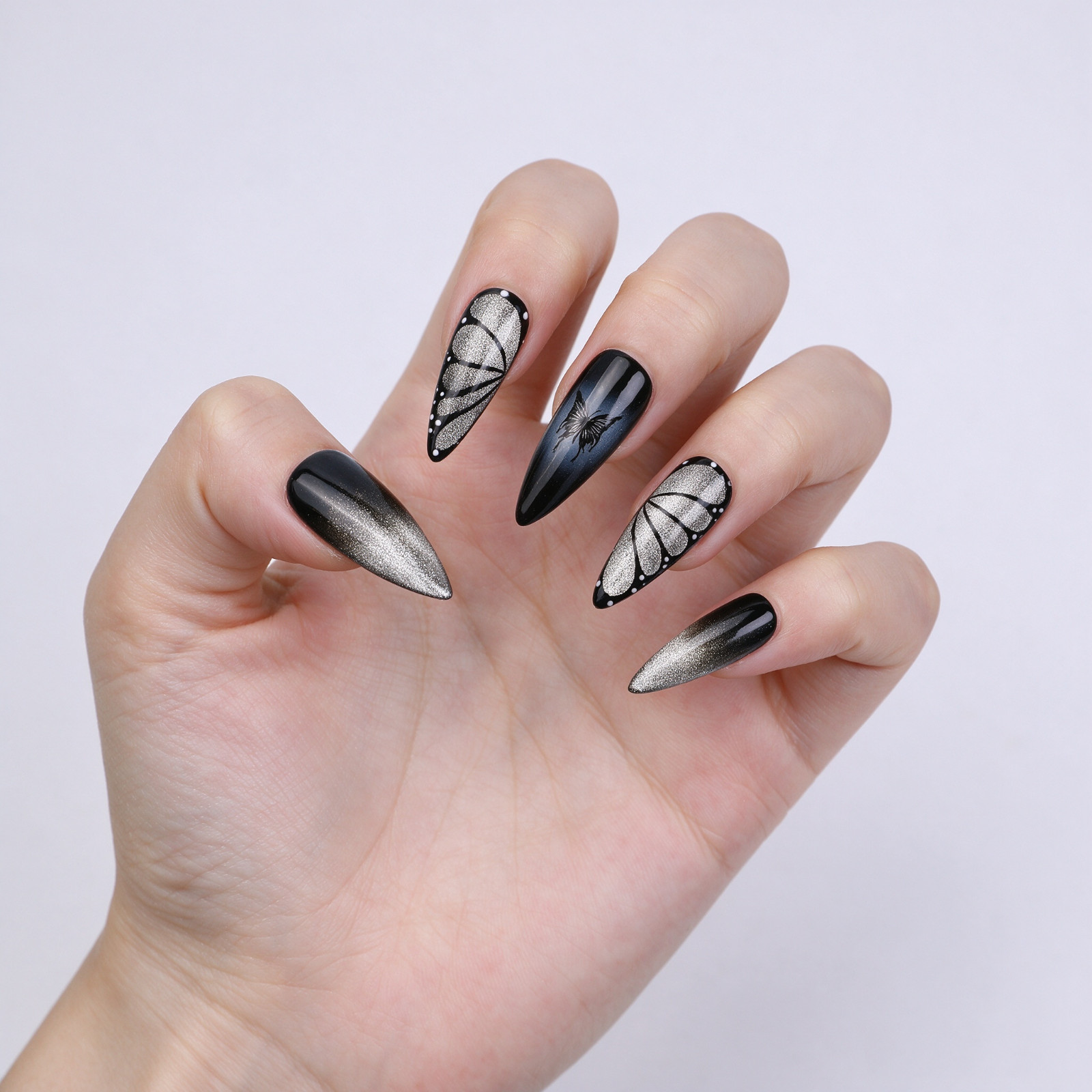 Press On Nails Long Stiletto Black Silver Butterfly Wing Glitter Gothic Nail Set