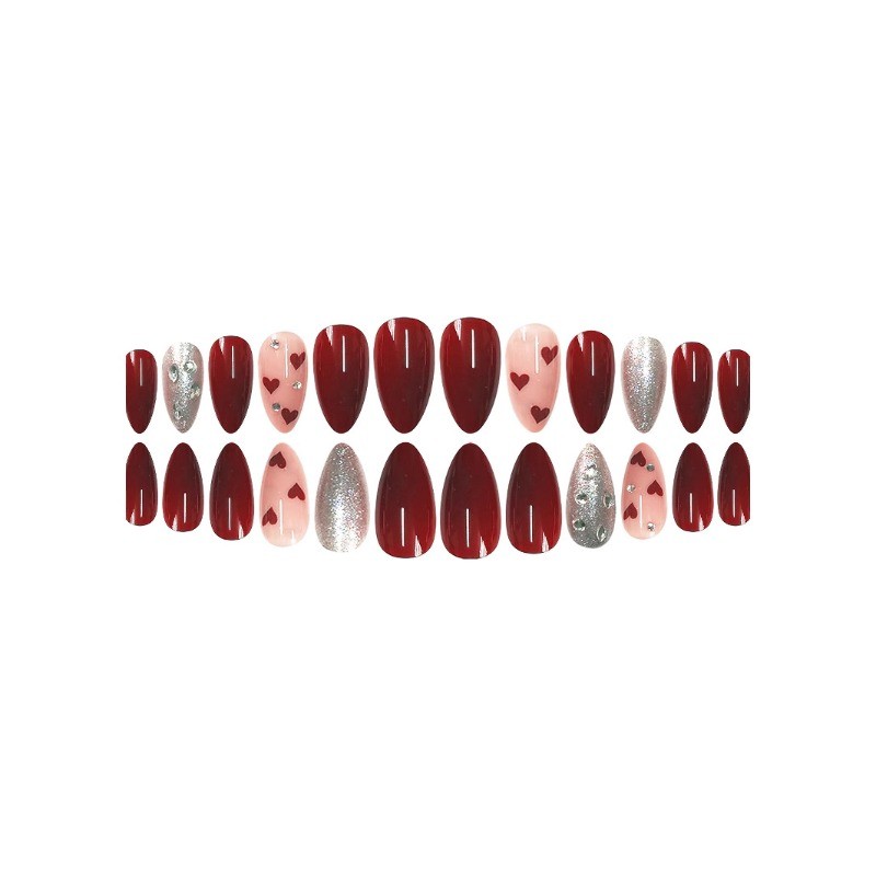 48pcs-Medium Almond Press on Nails, Burgundy Red with Hearts & Silver Glitter