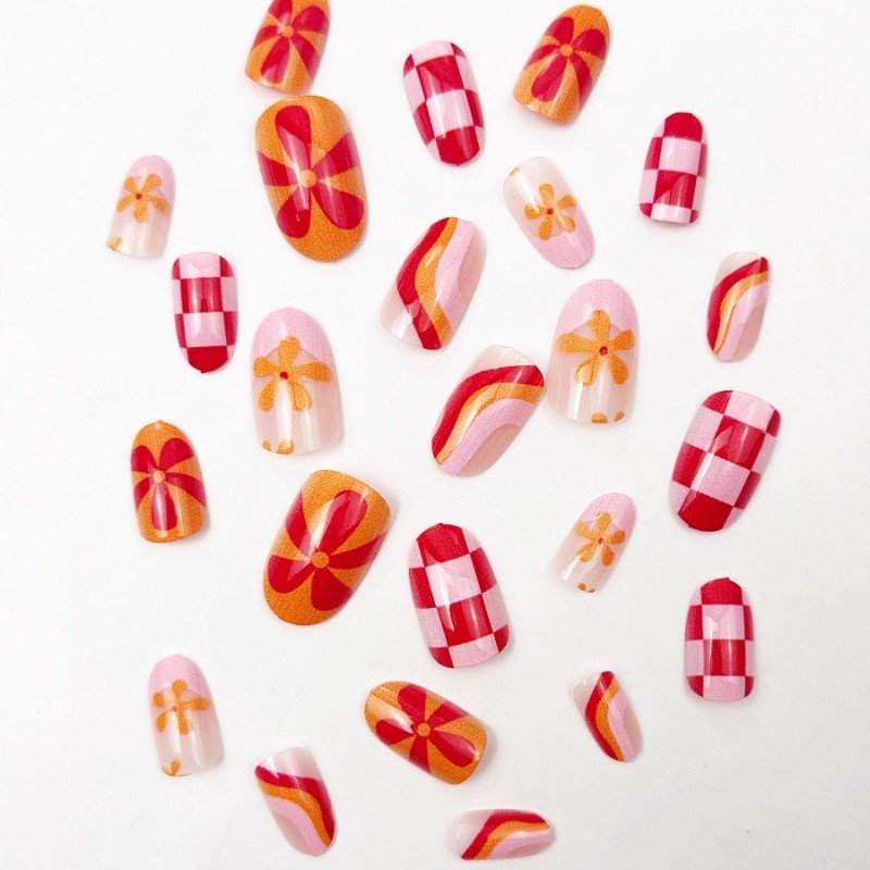 48PCS detachable reusable pink orange flower and checkerboard pattern fake nails