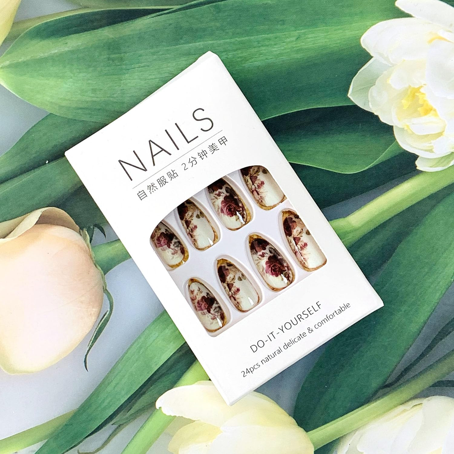 Press on Almond Nails Medium Length Glossy Full Cover Acrylic Rose Floral