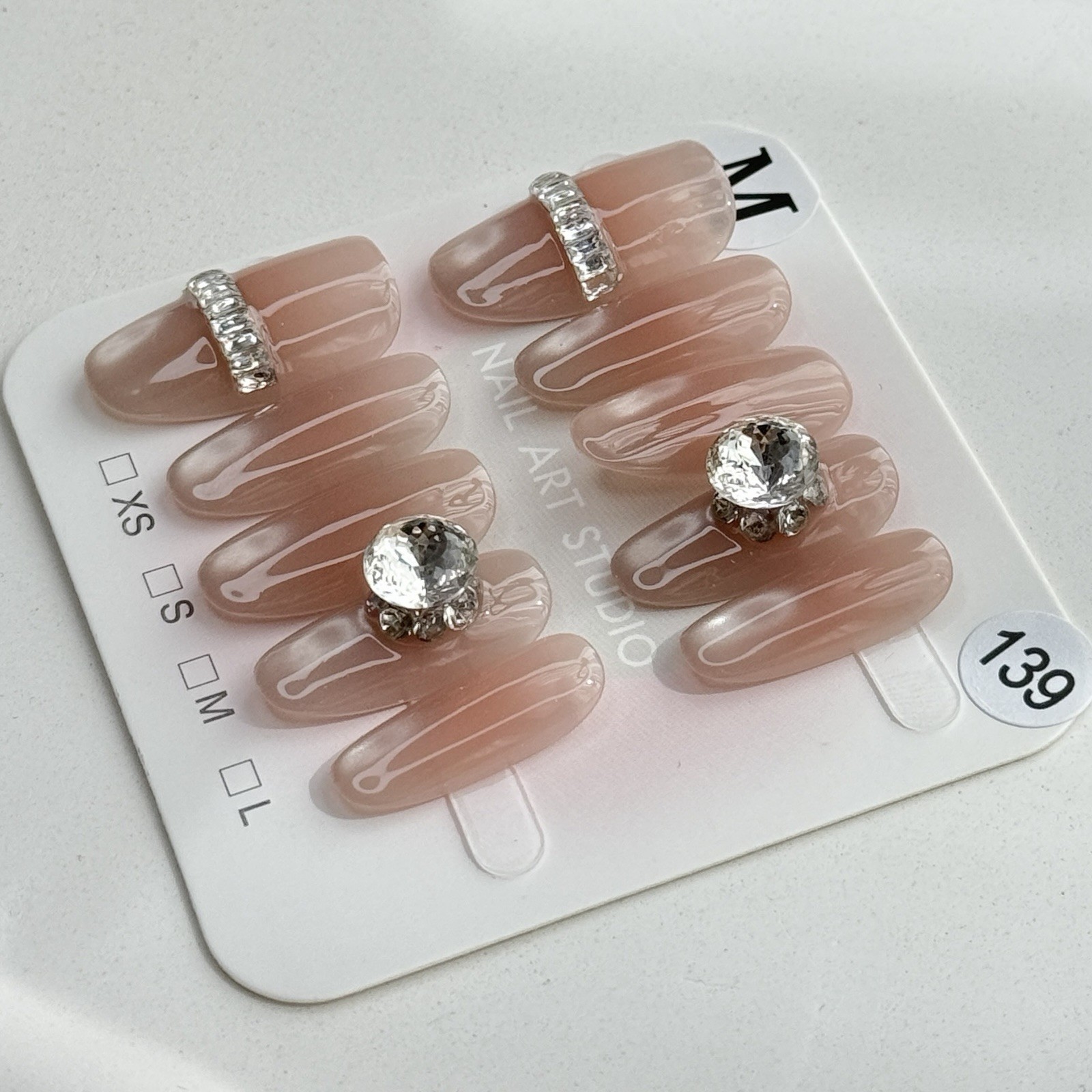 Handmade Pink Rhinestone Ring Press-On Nails Medium Oval SizeM Reusable